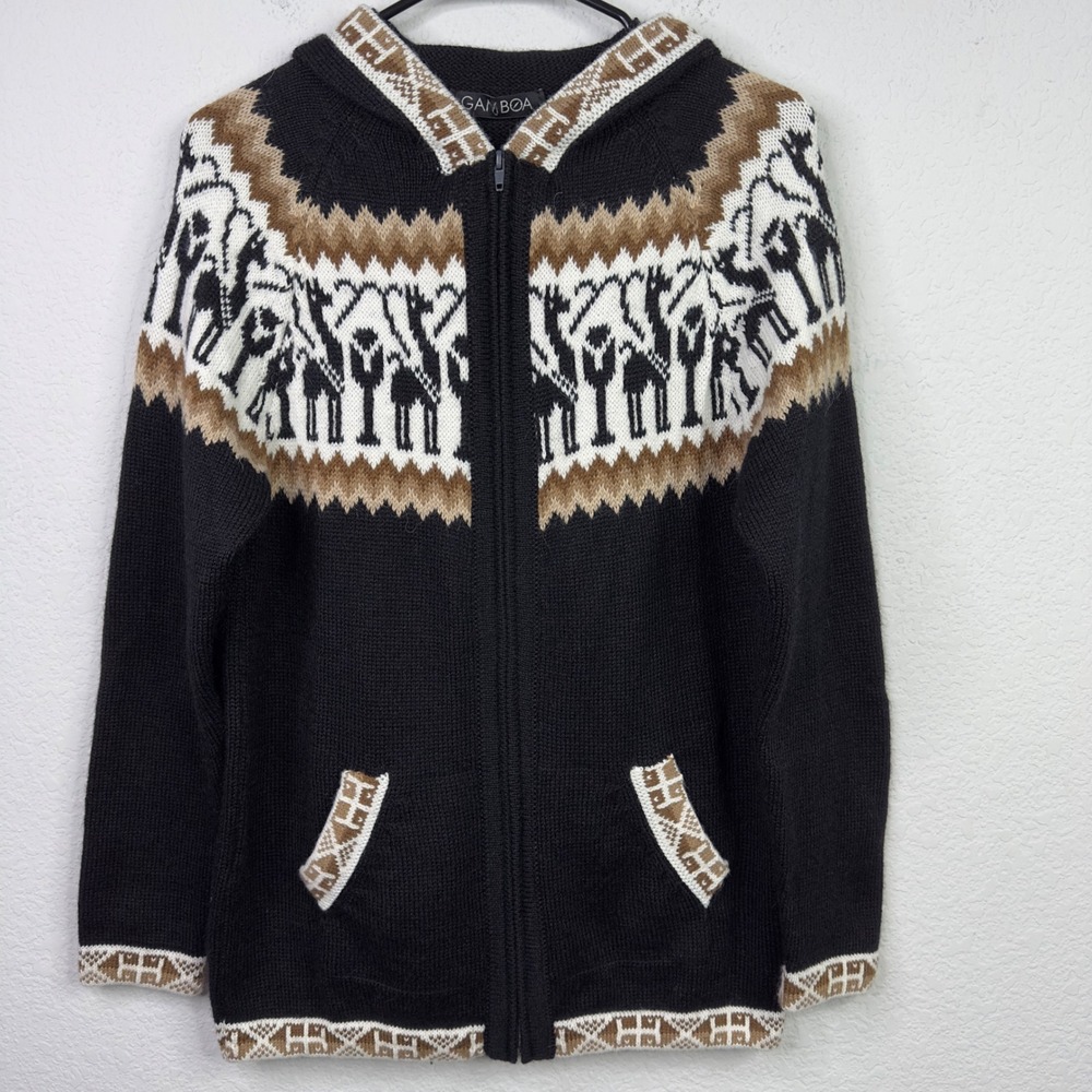 Gamboa Hooded‎ Sweater Women M Black Alpaca Blend Llama Knit Peruvian Folk Boho